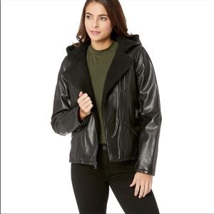 LEVI’S Black Faux Leather Sherpa Lined Hooded Jacket Coat